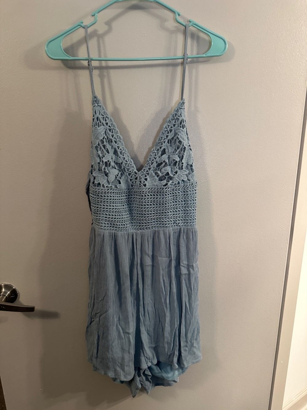 Light Blue Crochet Bust Spaghetti Strap Romper